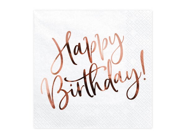 Lautasliinat Happy Birthday valkoinen-ruusukulta 33 x 33 cm, 20 kpl