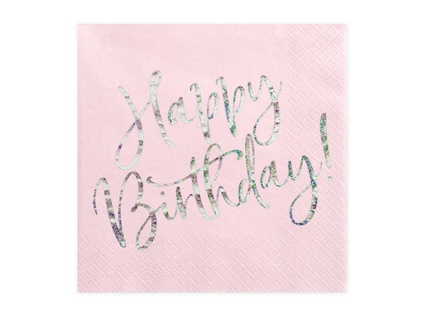 Paperiservetit Happy Birthday – Vaalea puuteriroosa/holografinen, 33 × 33 cm, 20 kpl