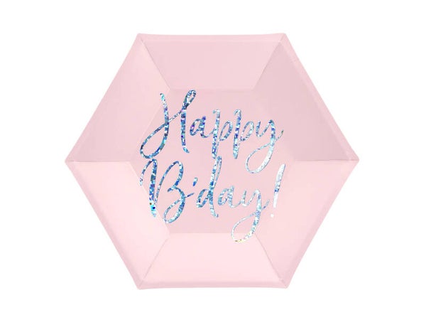 Lautaset Happy B'day! vaalea puuteriroosa 20 cm, 6 kpl