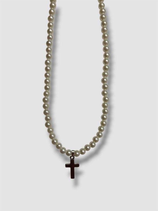 Silver Pearl Cross Necklace