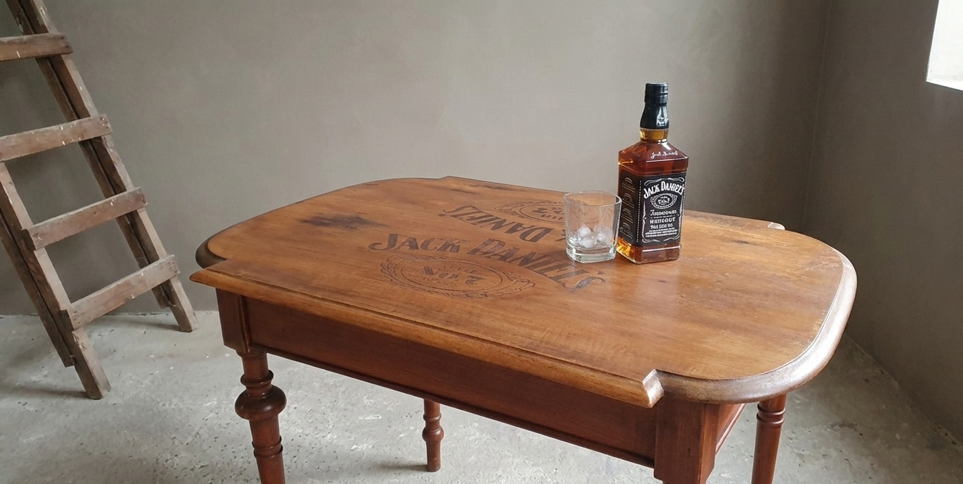 Antiek eiken tafeltje met Jack Daniel's Whiskey logo