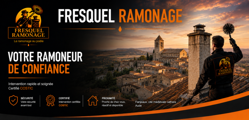 Fresquel Ramonage, ramoneur certifié COSTIC à Pézens, spécialiste du ramonage de poêles à bois, cheminées et inserts à Carcassonne, Bram, Castelnaudary, Limoux et dans l'Aude. Intervention rapide et professionnelle.