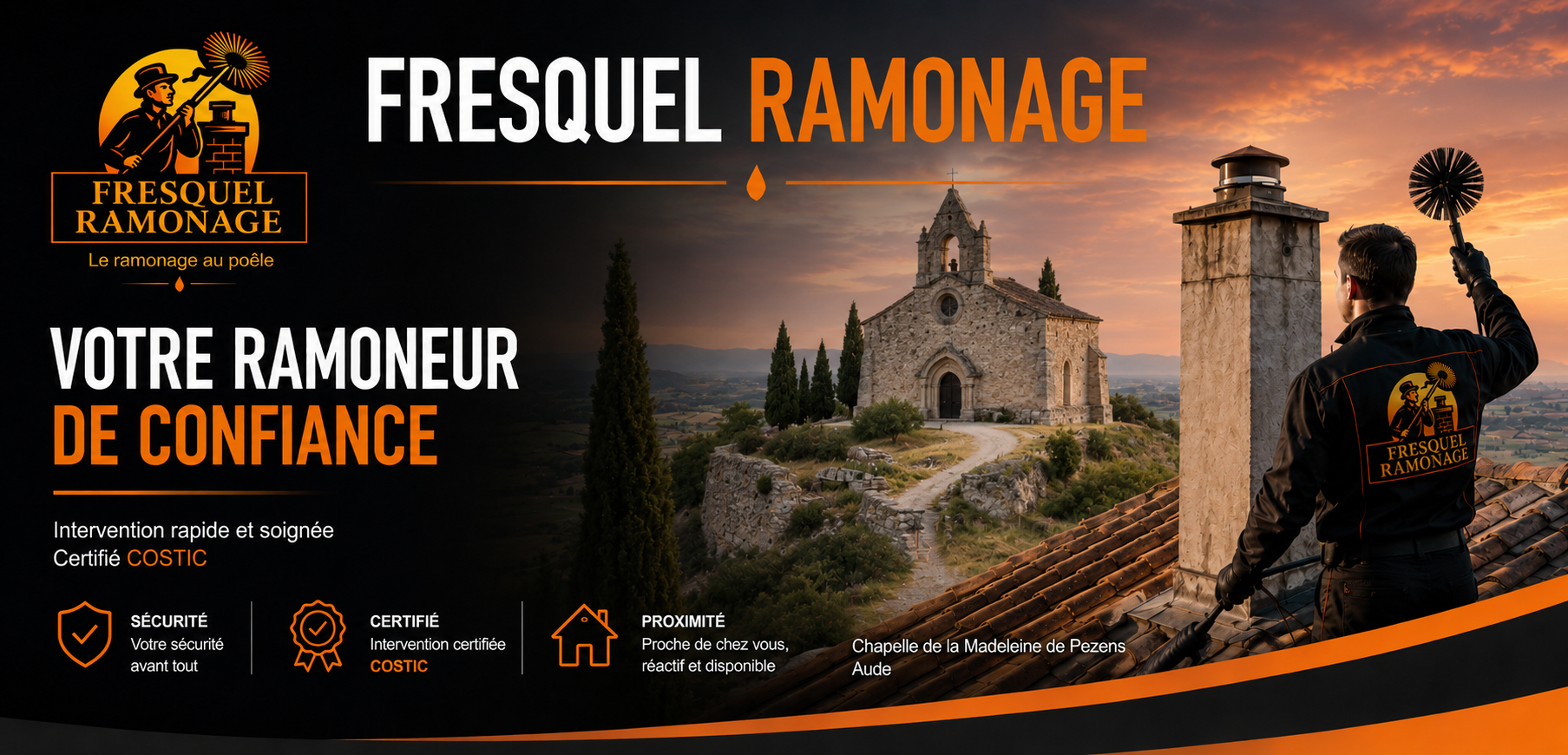 Fresquel Ramonage, ramoneur certifié COSTIC à Pézens, spécialiste du ramonage de poêles à bois, cheminées et inserts à Carcassonne, Bram, Castelnaudary, Limoux et dans l'Aude. Intervention rapide et professionnelle.