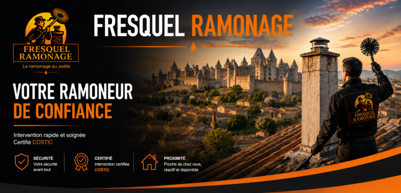 Fresquel Ramonage, ramoneur certifié COSTIC à Pézens, spécialiste du ramonage de poêles à bois, cheminées et inserts à Carcassonne, Bram, Castelnaudary, Limoux et dans l'Aude. Intervention rapide et professionnelle.