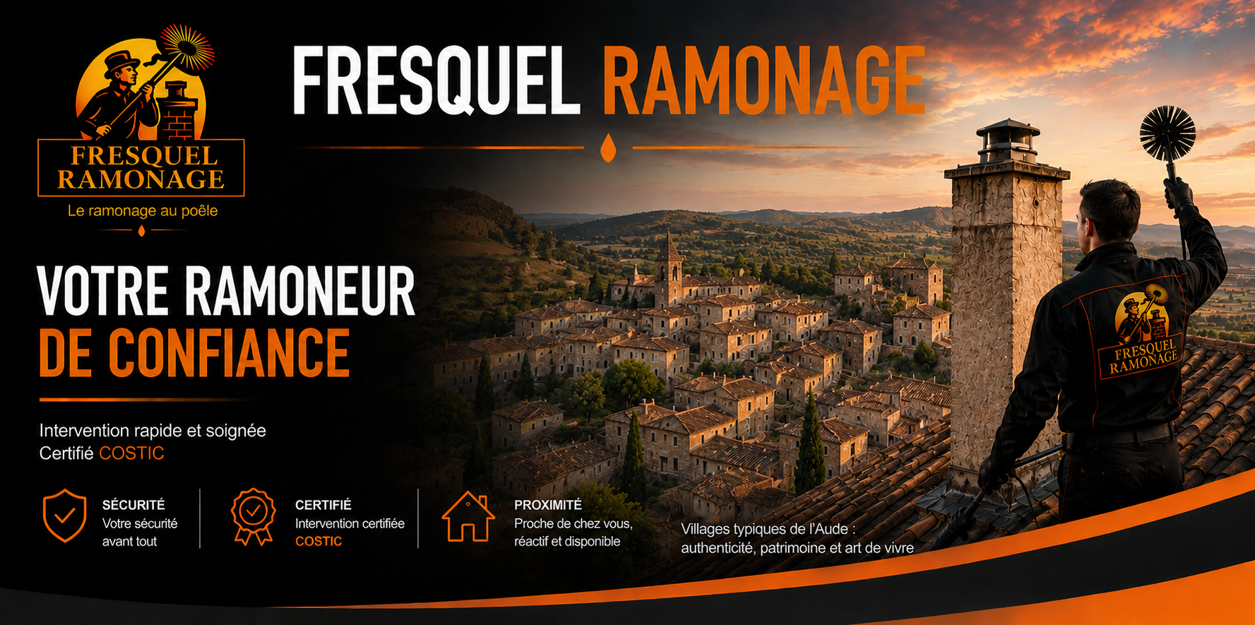 Fresquel Ramonage, ramoneur certifié COSTIC à Pézens, spécialiste du ramonage de poêles à bois, cheminées et inserts à Carcassonne, Bram, Castelnaudary, Limoux et dans l'Aude. Intervention rapide et professionnelle.