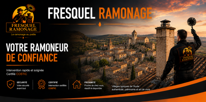 Fresquel Ramonage, ramoneur certifié COSTIC à Pézens, spécialiste du ramonage de poêles à bois, cheminées et inserts à Carcassonne, Bram, Castelnaudary, Limoux et dans l'Aude. Intervention rapide et professionnelle.