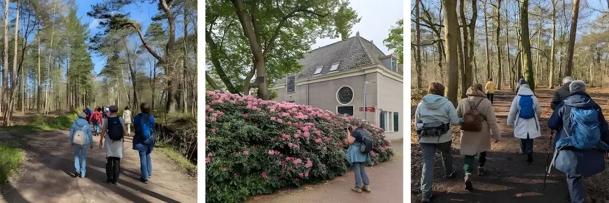 Mooie sfeerimpressie van wandelaars tijdens een leuke en gezellige  groepswandeling in de natuur.