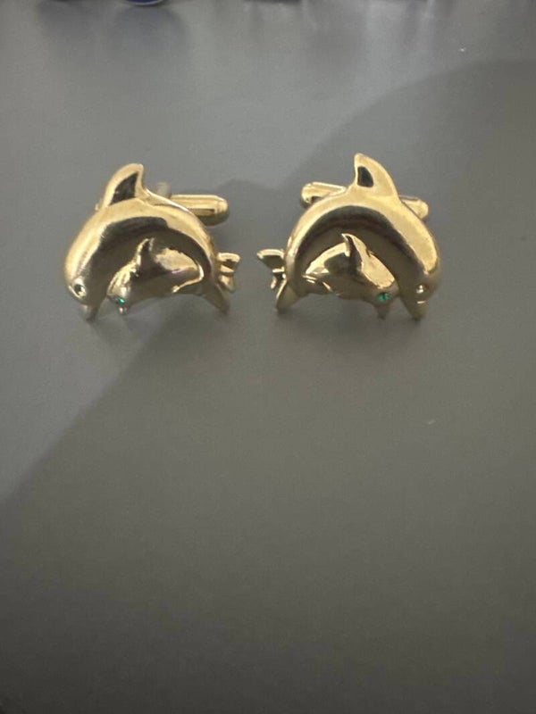 Dolphin cufflinks, vintage with emerald and diamond eyes