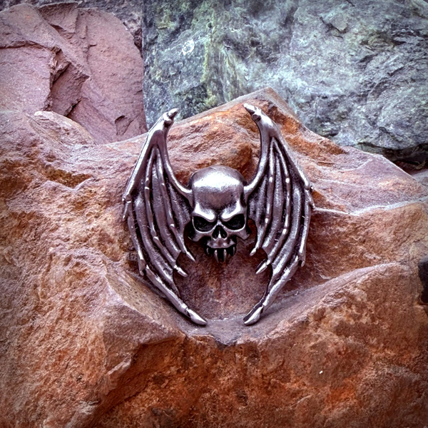 Pewter Bat Winged Skull Pin –Chaos Vampire, Halloween, Lords of the Night
