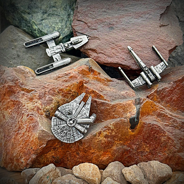Set of 3 Pewter Starship Pins – X-Wing, Y-Wing & Millennium Falcon – Sci-Fi Inspired Pins / badges