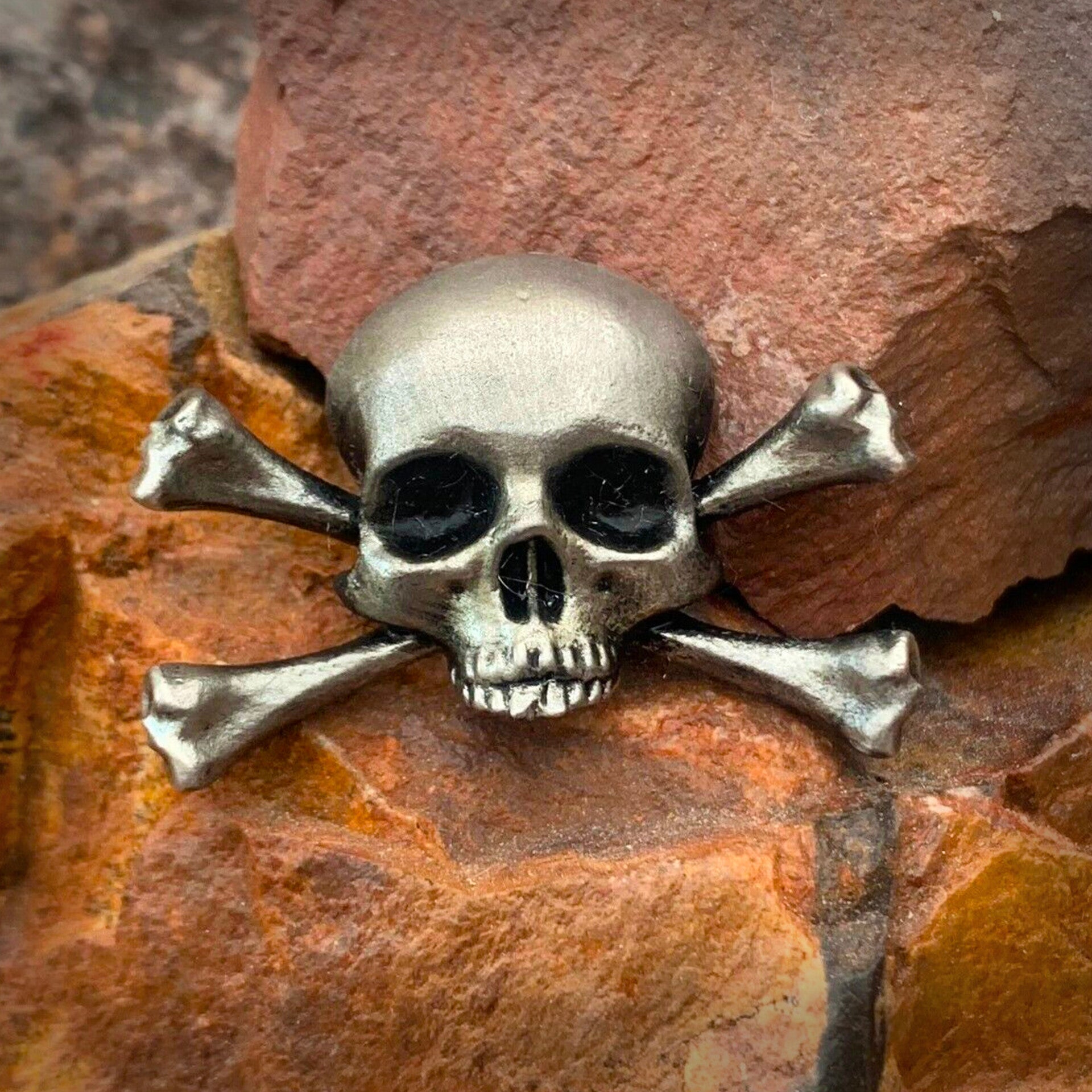 Skull and Crossbones Jolly Roger, pin, badge charm, handmade pewter