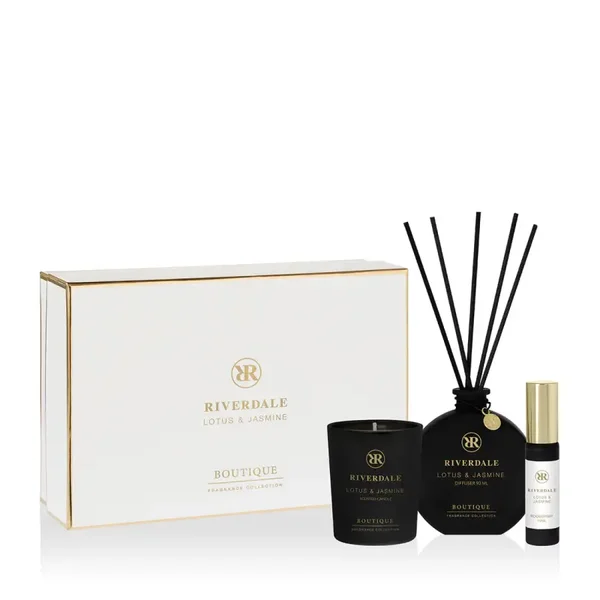 Riverdale - Geschenkset - Lotus & Jasmine - Medium - Wit - Geurstokjes, geurkaars en huisparfum