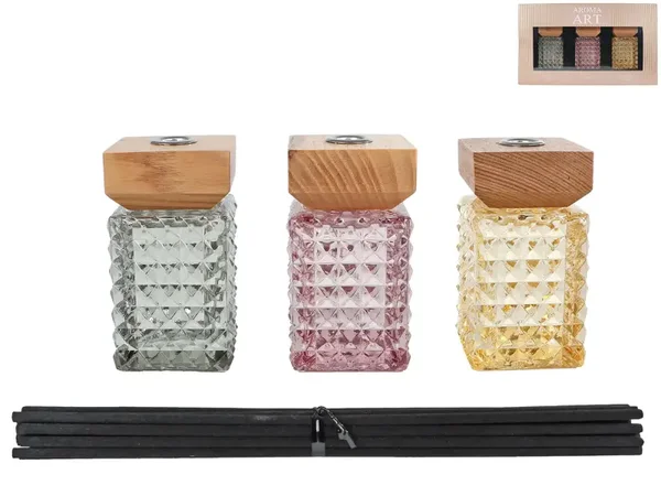 Aroma Art Luxe Geurstokjes Cadeauset - 3 x 50 ml - Huisparfum met Reliëfglas en Houten Dop - Green Leaves Rose, Cardamome Mimosa & Rosemary Musk