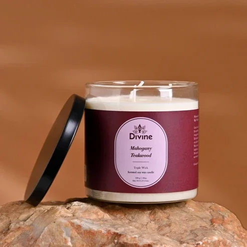 Mahonie & Teakhout Drievoudige Pit Glazen Kaars – Premium Aromatische Huisdecoratie Kaars
