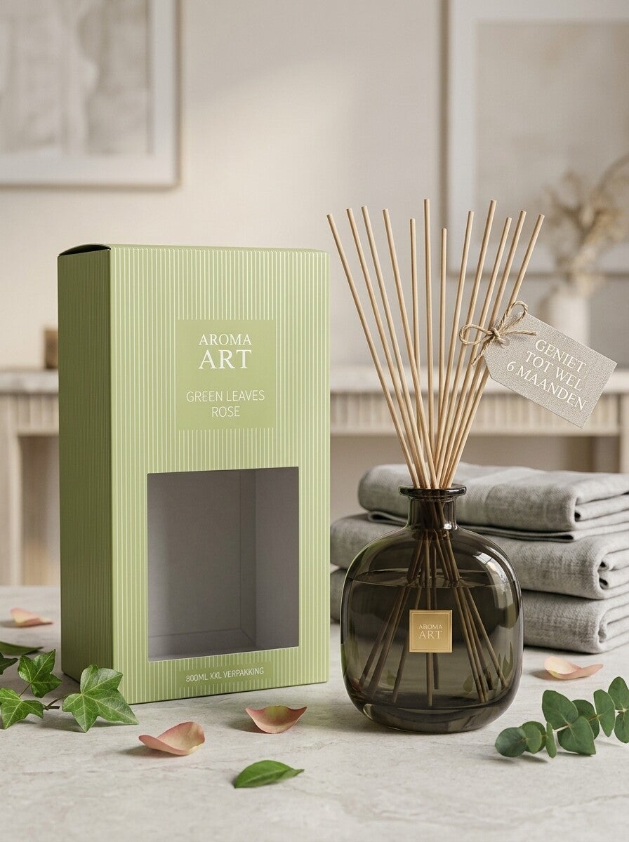 Aroma Art Luxe Geurstokjes XXL – Green Leaves Rose – 800ml – Groot