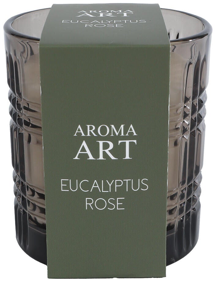 Aroma Art Geurkaars met eucalyptus, roos en groene glazen pot.