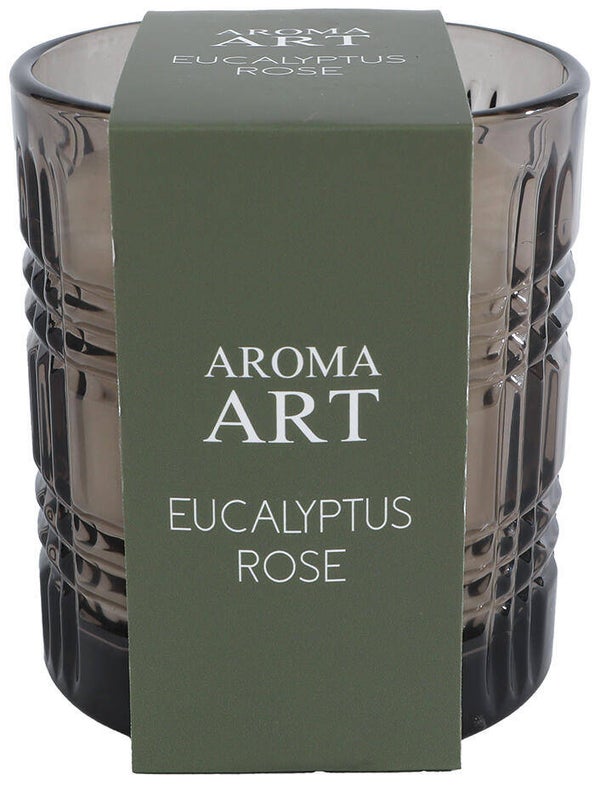Aroma Art Geurkaars met eucalyptus, roos en groene glazen pot.
