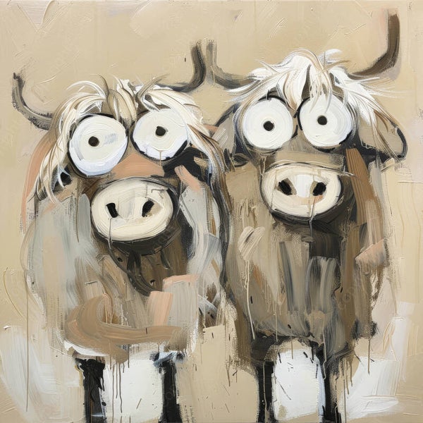 Schilderij grappige gekke Schotse hooglanders