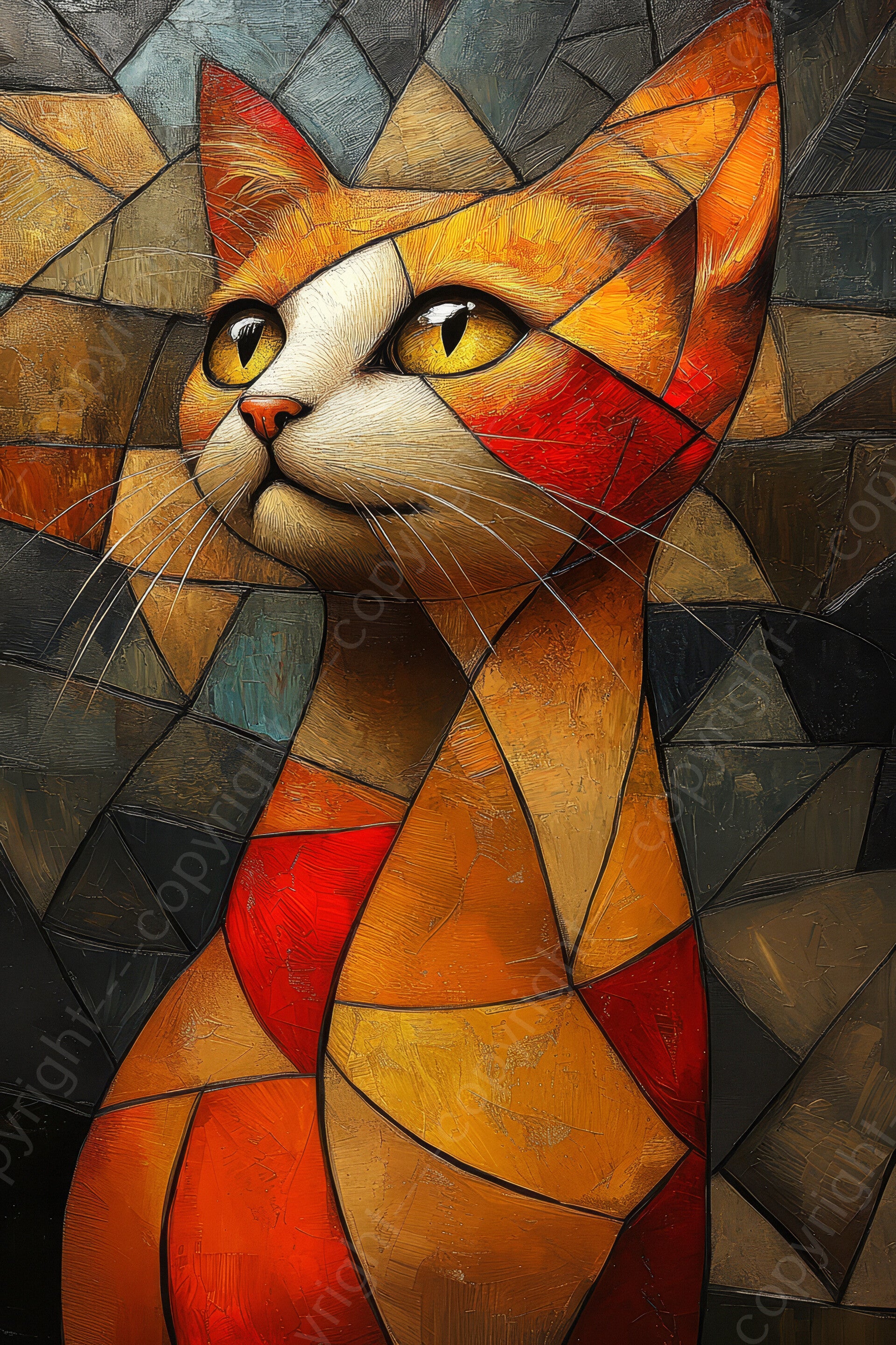 Kat in modern kubisme - dier - abstract - rood - geel - oranje - blauw - modern - kunst