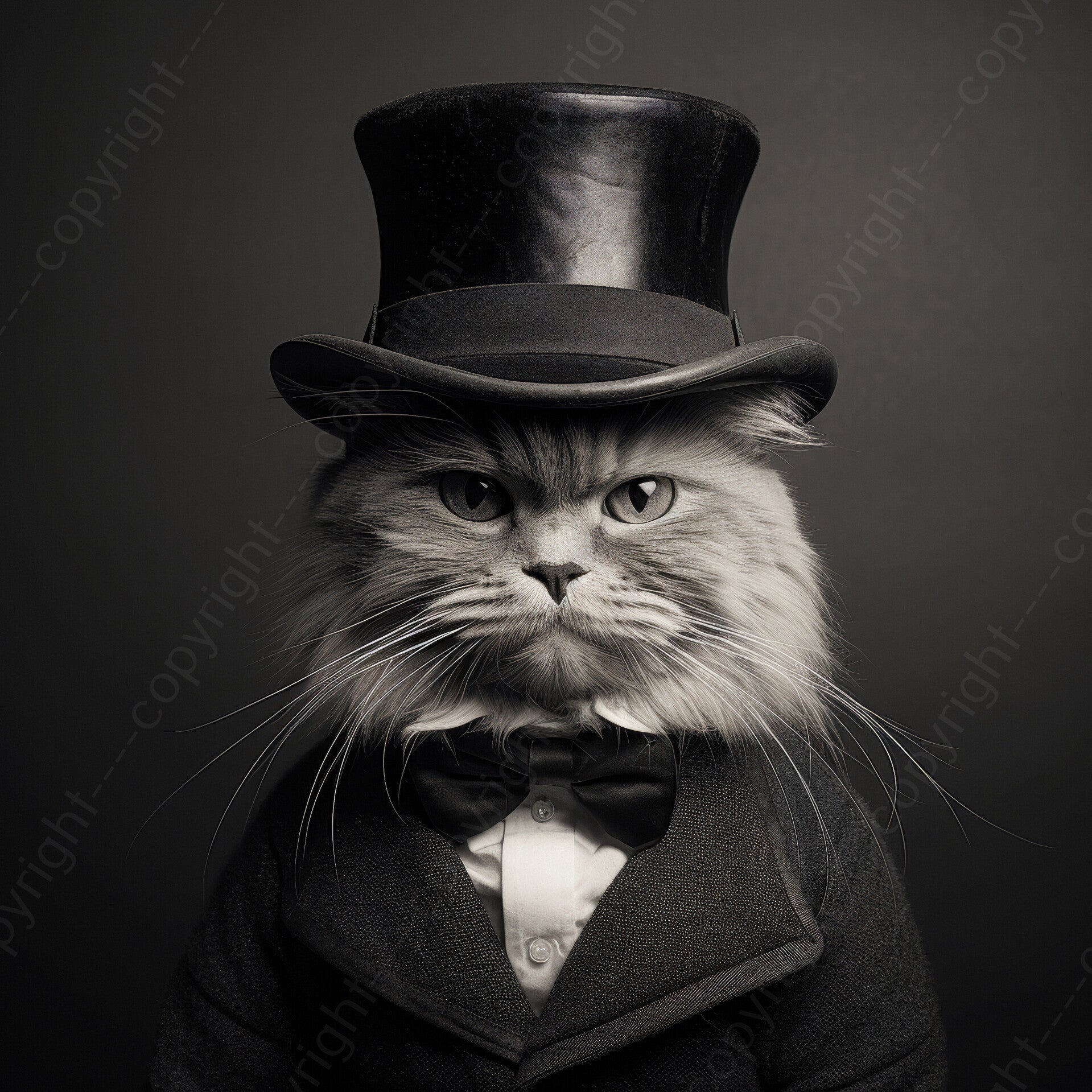 Schilderij kat met hoed, jas en strik