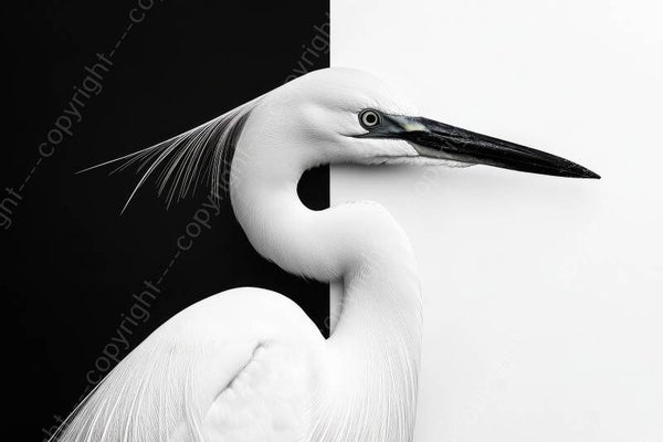 Schilderij witte reiger met zwart-witte achtergrond