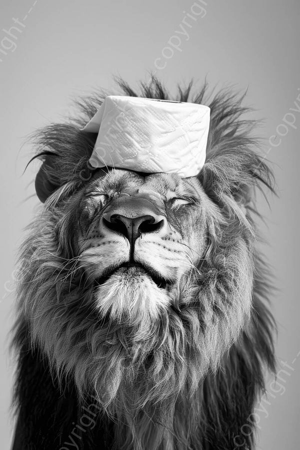 Schilderij leeuw met wc-rol op zijn kop