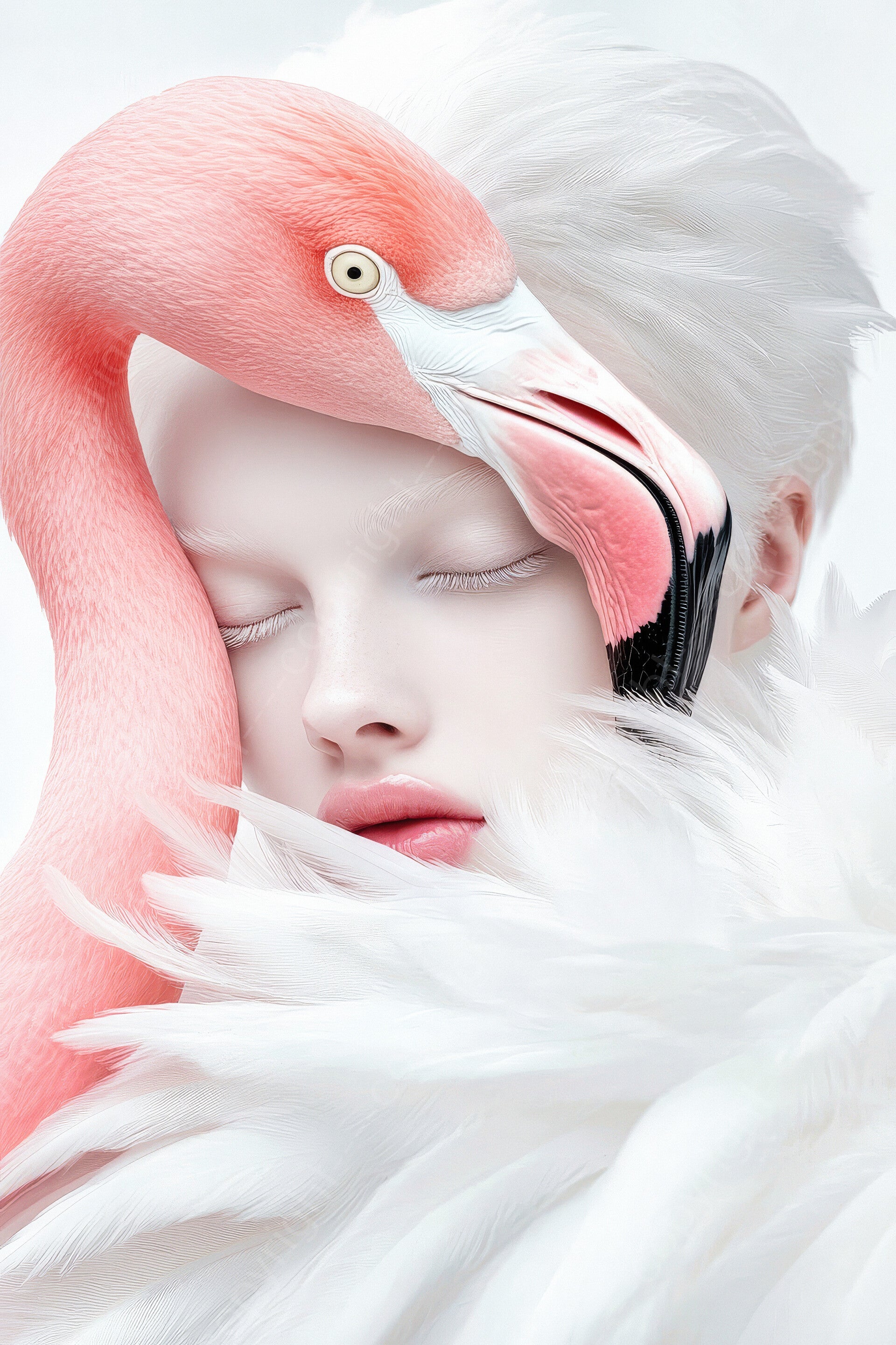 Schilderij albino vrouw met flamingo
