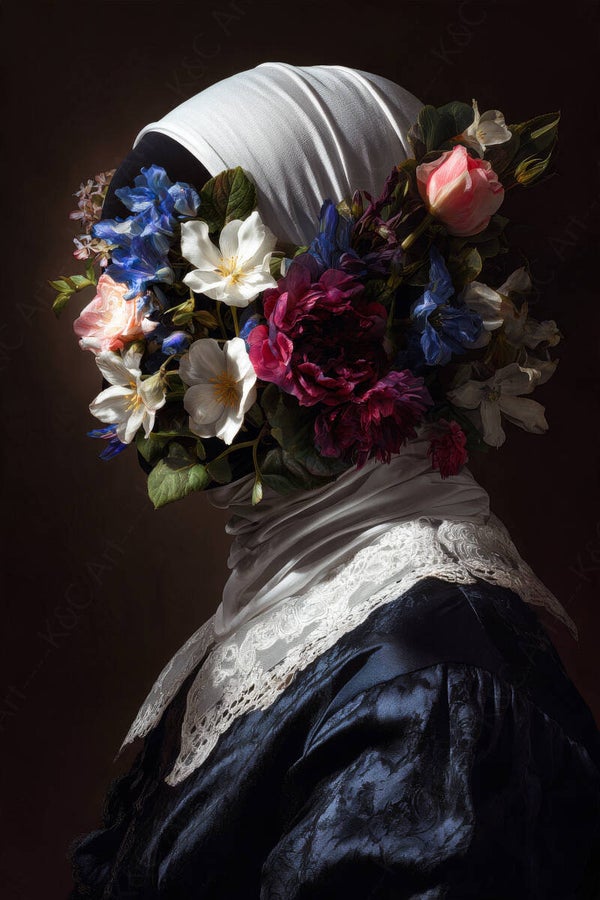 Schilderij vrouw met bloemen gezicht