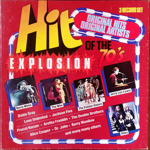 3 LP box -Hit explosion of the 70's -Brownsville Station–the Ohio Players–jim Stafford–Johnny Nash–Barry White–b.b king - black sabbath -faces -steppenwolf- abba -clint holmes -the who -salsoul orchestra -eddie kendricks -outlaws -major harris- dr.john -