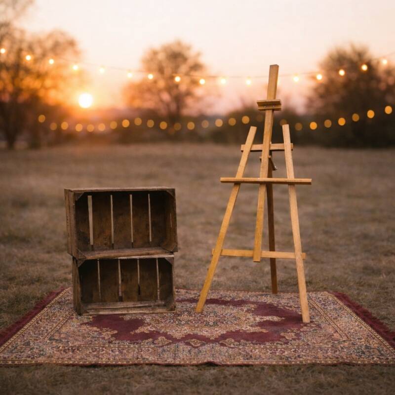 boho festival ontvangst set basis schildersezel perzisch vloerkleed en fruitkratten