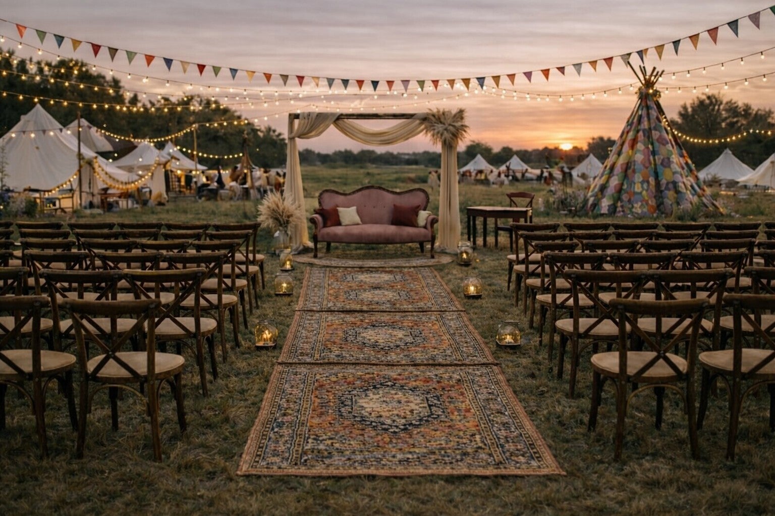 Mooi Feestje sfeervolle Pinterestwaardige boho festival bruiloft ceremonie styling set in golden hour licht: houten backdrop met pampas, oudroze bankje, perzische kleden, vintage schrijftafel en rotan details