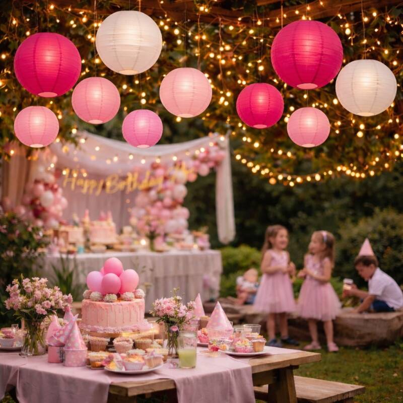 Mooi Feestje papieren lampionnen huren donkerroze (gemengd met zachtroze en wit)
