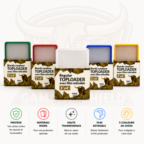 Lot de 25 toploaders PREMIUM bords couleur avec film à retirer pour cartes Pokémon