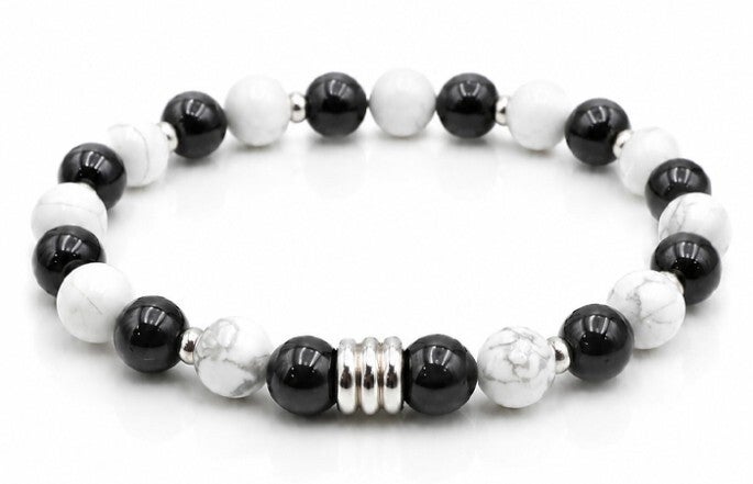 Bracelet argenté – Howlite blanche & Onyx