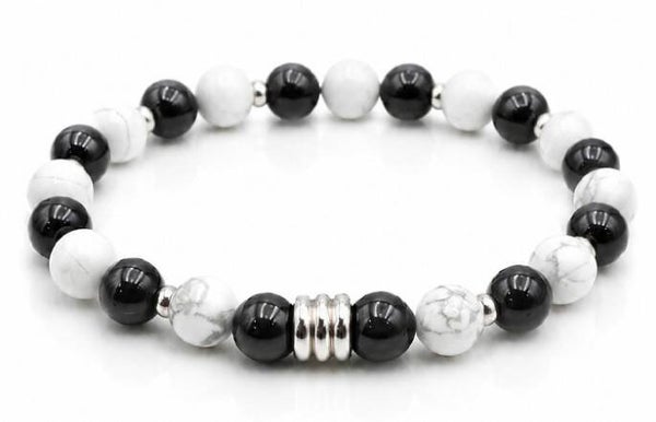 Bracelet argenté – Howlite blanche & Onyx