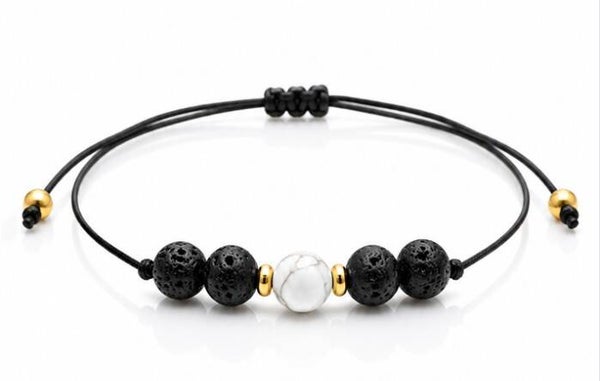 Bracelet doré – Howlite blanche & Pierre de lave