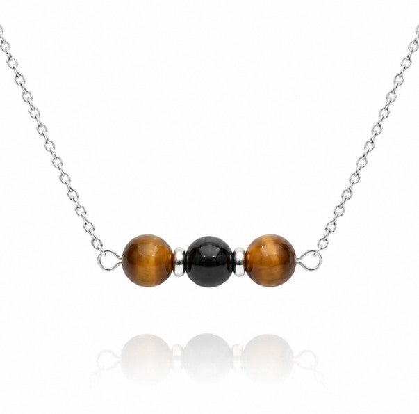 Collier argenté – Œil de tigre & Onyx