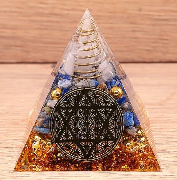 Orgonite Fleur de Vie étoilée – Cristal de roche & Lapis-lazuli
