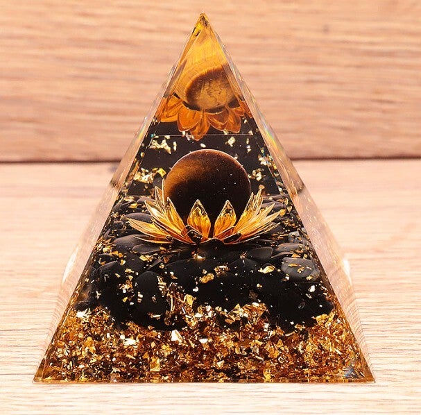 Orgonite Lotus – Œil de tigre & Obsidienne noire