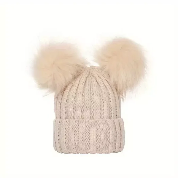 Bonnet enfants 2 pompons de Couleur beige
