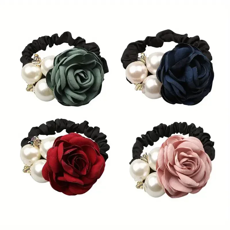 Chouchou Fleur rose avec 3 Perles