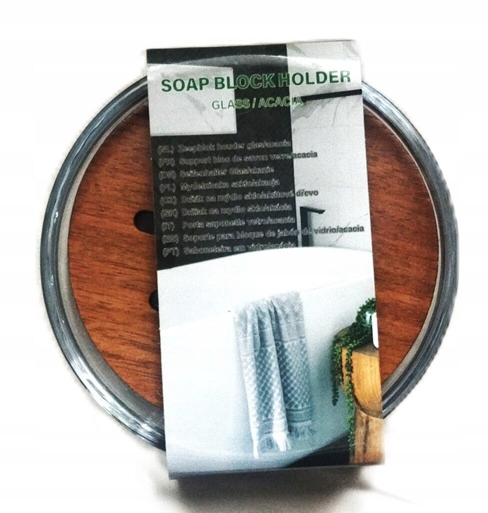 PORTE-SAVON DE SALLE DE BAIN SUR PIED, ROND, EN VERRE D'ACACIA