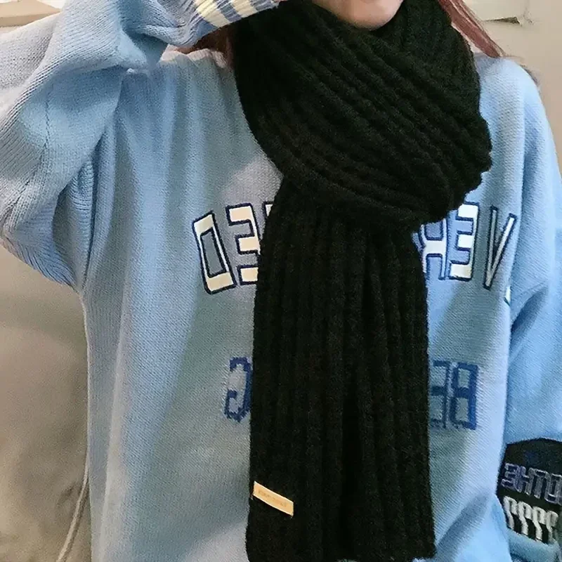 Écharpe En Tricot De Couleur Unie À La Mode, Épaisse Noir