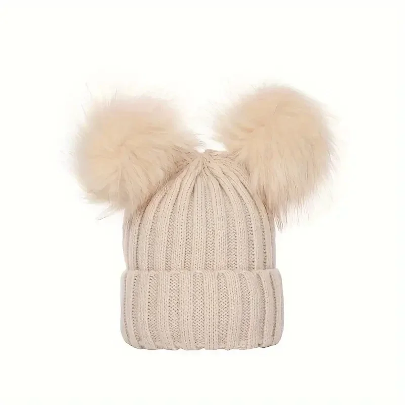 Bonnet enfants 2 pompons de Couleur beige