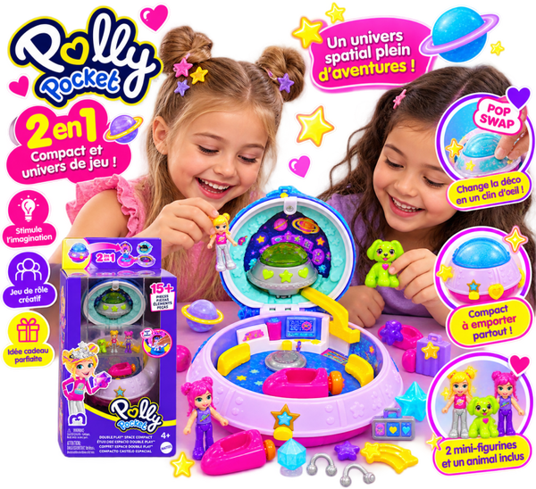 🚀 Polly Pocket – Coffret Espace Double Play Compact 2-en-1 | Mattel