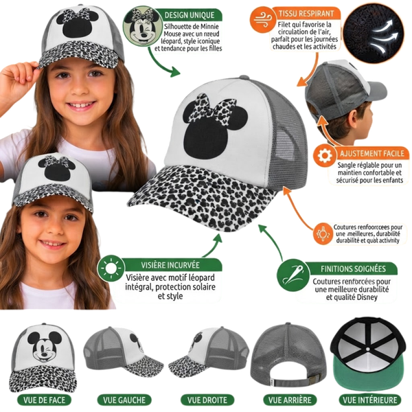 🧢 Casquette Trucker Minnie Enfant – Blanche, Grise & Léopard