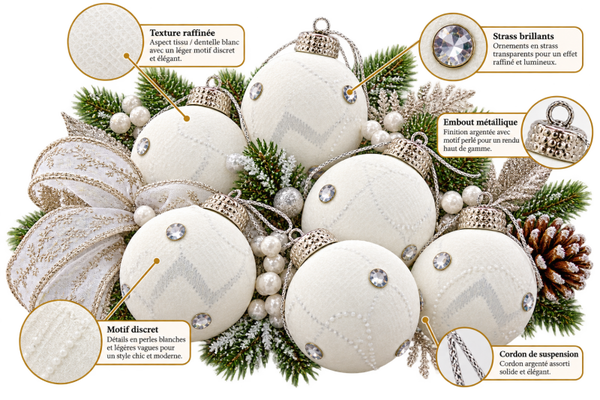 🎄 Lot de 12 boules de Noël blanches à motifs argentés – Décoration élégante pour sapin
