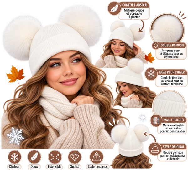 🧶 Bonnet Blanc Femme à Double Pompon – Doux, Tendance & Hivernal