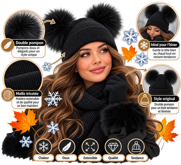 🖤🧶 Bonnet Femme Noir à Double Pompon – Doux, Tendance & Hivernal