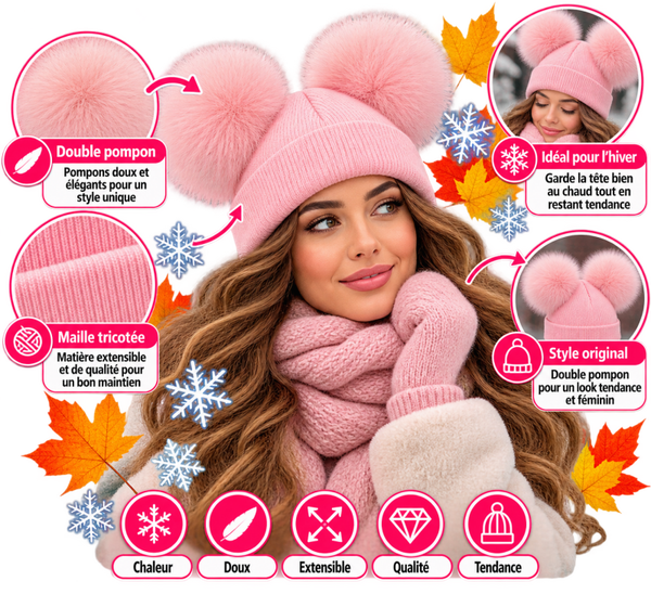 🩷🧶 Bonnet Rose Femme à Double Pompon